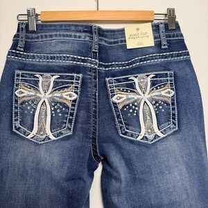 Love Soho Dark Blue Flare Jeans embroidered cross with rhinestone embellishments